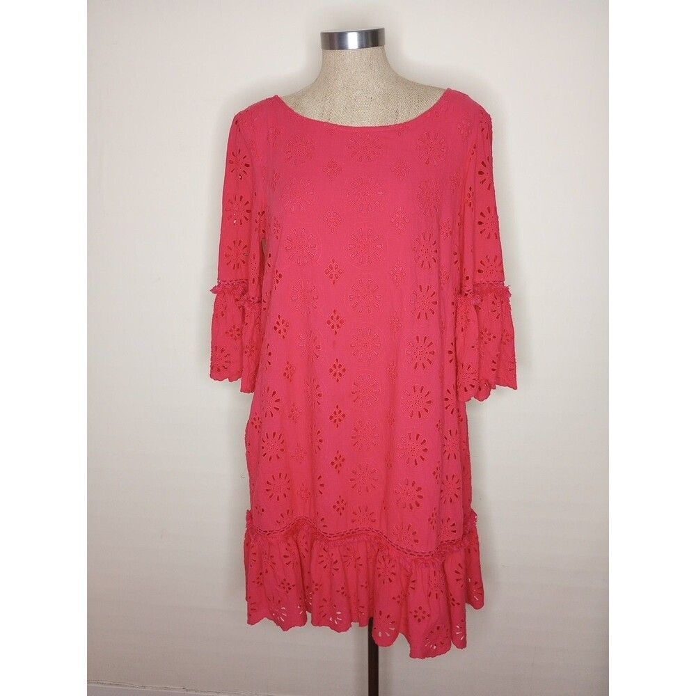 Anthropologie Dress Dani Lace Eyelet Ruffle Bell Sleeve Coral Red Sz 12 Boho